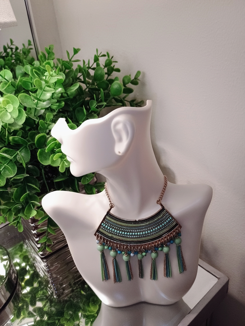 PRICE FIRM Turquoise, Lime & Bronze Fringe Bib Statement Necklace
